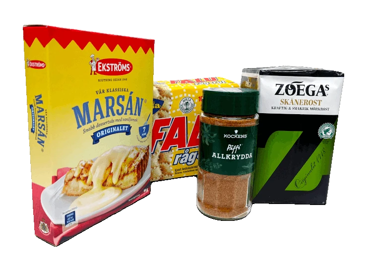 Ekströms marsansås, Falu råg-rut, Kockens Piffi allkrydda och Zoegas skånerost