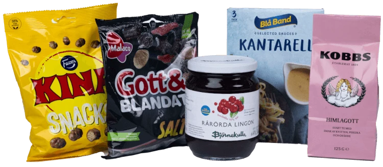 Fazer Kina gul, Malaco Gott och blandat salt, Björnekulla Rårörda lingon, Blå Band Kantarellsås, Kobbs Himlagott