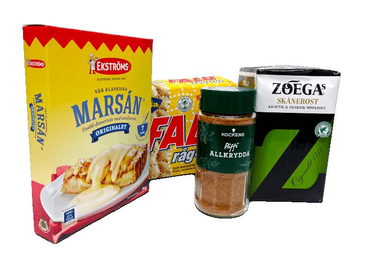 Ekströms marsansås, Falu råg-rut, Kockens Piffi allkrydda och Zoegas skånerost